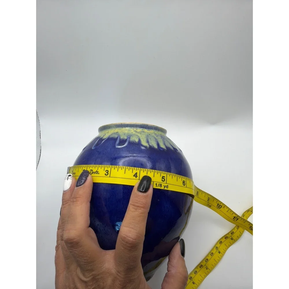M Lee Signed Studio Pottery Vase Cobalt Blue Drip Glaze Round Ceramic 6.5 Inch